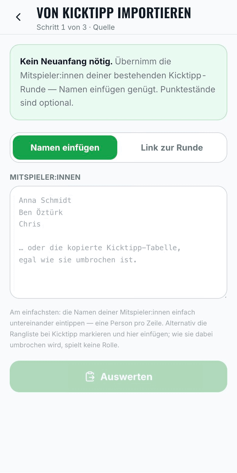 Import-Bildschirm, in den eine Kicktipp-Tabelle eingefügt wird